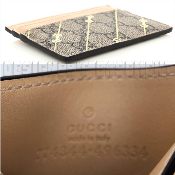 GUCCI beige Leather gold Horsebit print GG Supreme Canvas Card Case wallet NIB🎁 - Picture 3 of 5